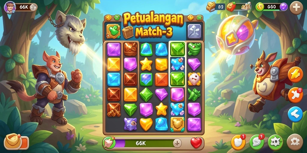 Tampilan gameplay seru dari 66K dengan kombinasi Match-3 yang menakjubkan.
