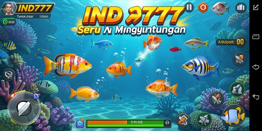Screenshot IND777 yang menunjukkan strategi menembak ikan dengan senjata yang berbeda.
