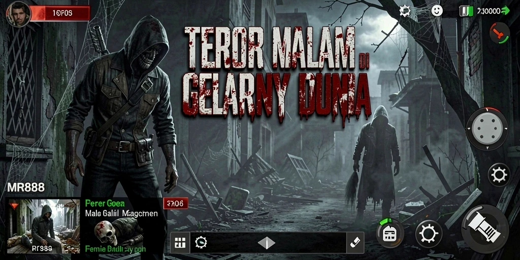 Gameplay MR888 dengan suasana mencekam dan karakter menakutkan.
