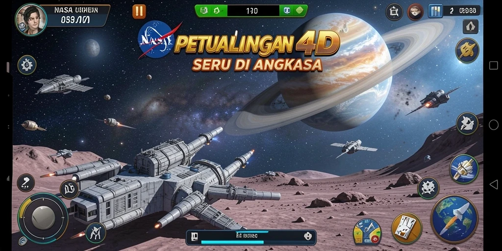 Tangkapan layar utama gameplay NASA4D menunjukkan petualangan luar angkasa yang seru.