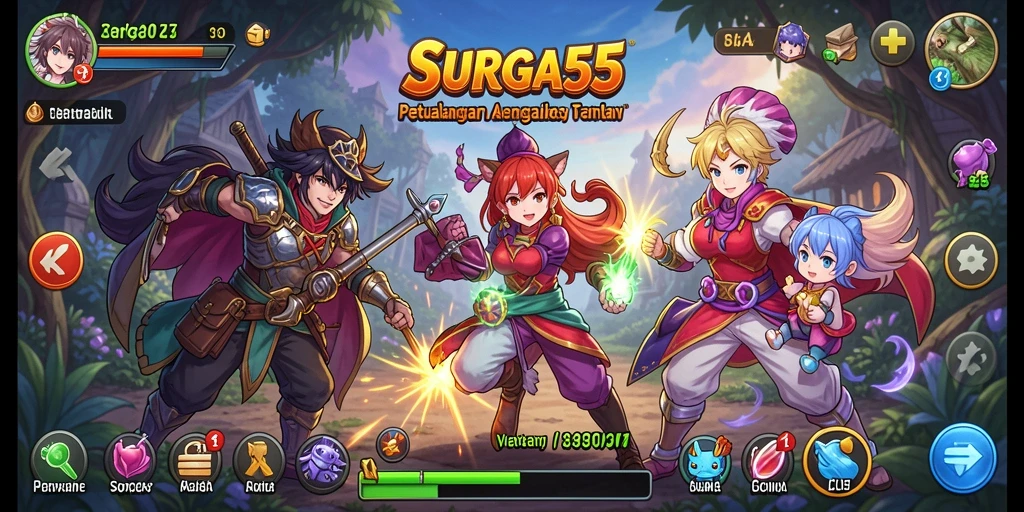 Tampilan seru gameplay <strong>SURGA55</strong> dengan aksi karakter Anime yang dinamis.