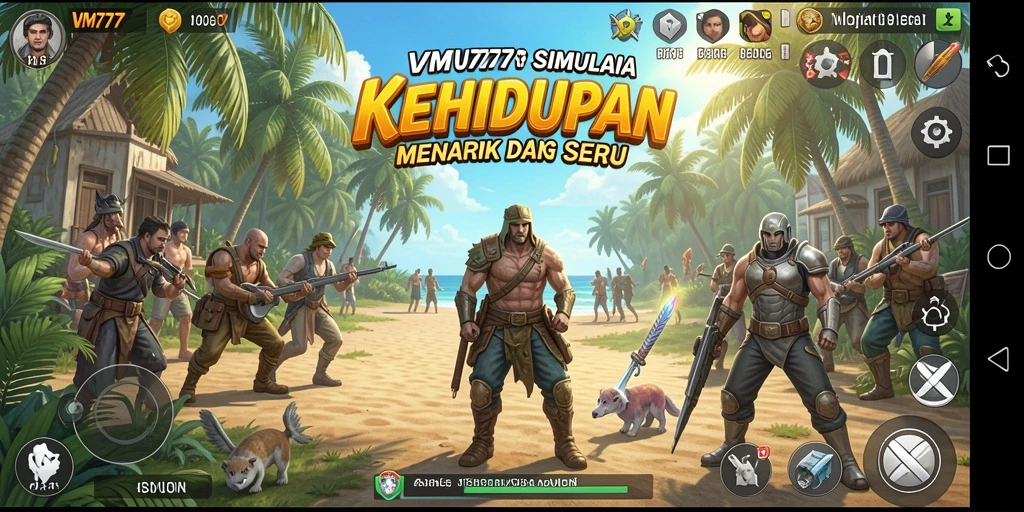 Screenshot gameplay VM777 menampilkan interaksi karakter dalam dunia virtual.